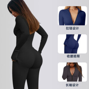 Open-neck zipper long-sleeved jumpsuit